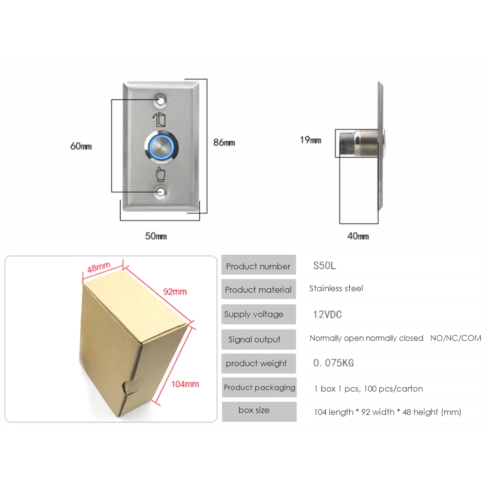 Stainless Steel Exit Button Backlight Push Switch Door Sensor Opener Release for Magnetic Lock Access Control S50L