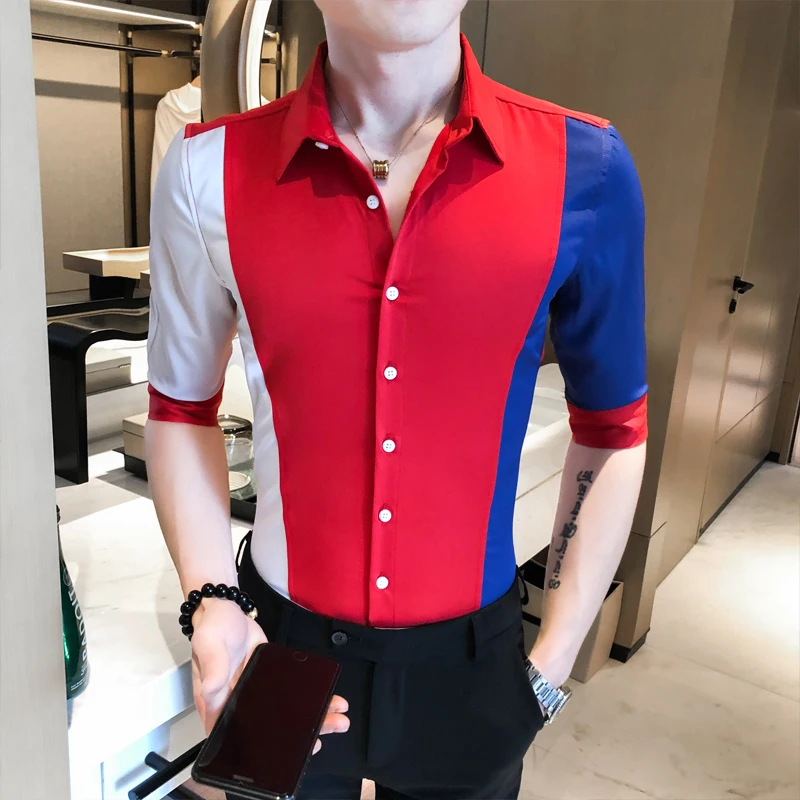 

Flower Shirt Splicing Brand Men Shirt Slim Fit Half Sleeve Shirts Men Dress Social Blouse Chemise Homme British Men Top Slim Fit