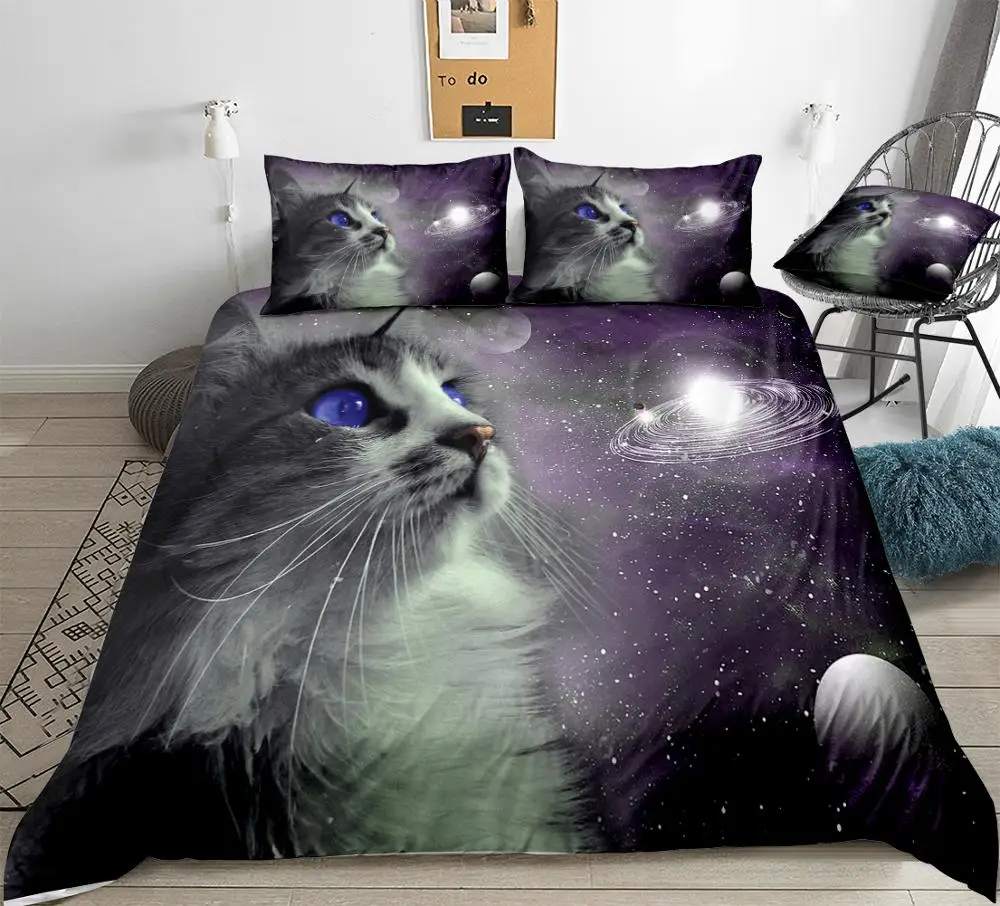 3D Space Cat Duvet Cover Set Galaxy Bedding Blue Eye Cat Quilt Cover Queen Bed Set Space Home Textiles Pet 3PCS Teens Dropship