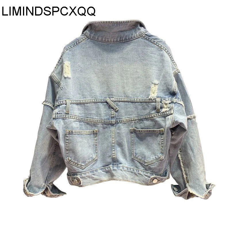 2023 Hole Bat Sleeve Short Jean Jacket Women Denim Jacket Spring Ripped Loose Coat Korean Harajuku European Style Roupa Feminina