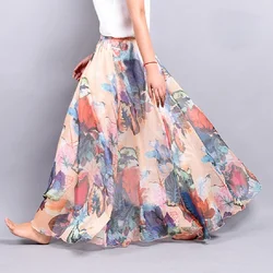 Saias compridas florais multicoloridas femininas, elástico na cintura, saia estampada, comprimento médio, elegante plissada, verão, novo, 2021