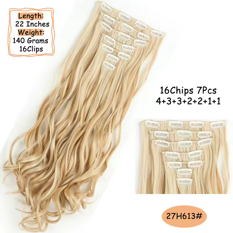 NICESY 16Clips Synthetic 24Inch Long Curly Hair Hairpiece Heat Resistant Hair Extension Clips In Ombre Black Brown Blond Women - Image 19