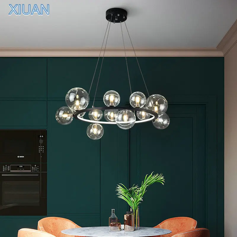 lustre moderno para sala de jantar luminaria de vidro com suspensao de teto cor preta dourada e prateada g9 01