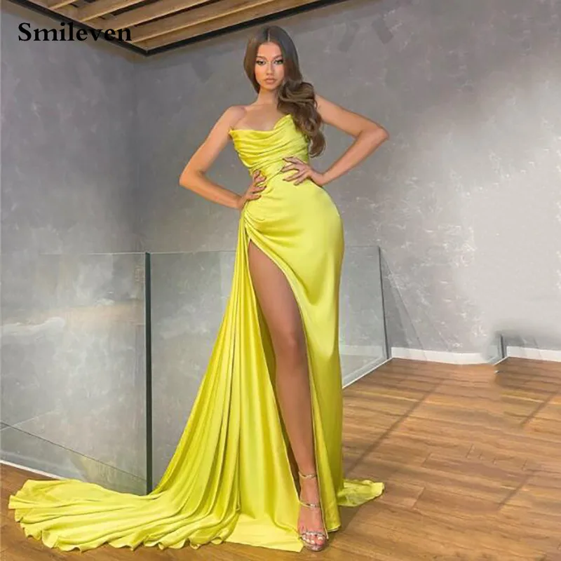 Smileven amarelo sexy decote em v sereia vestido de noite sem alças lado alto dividir vestidos de baile dubai celebridade vestidos de festa personalizado