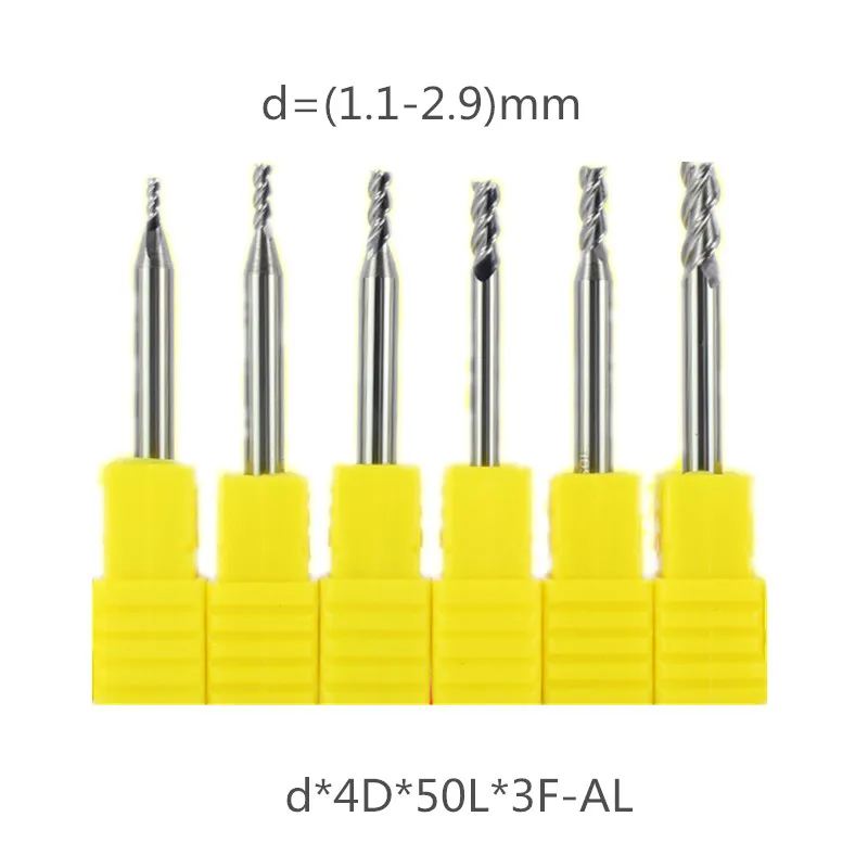 Fraise à bout carré plat pour aluminium, diamètre 1.1-2.9mm, 3 cannelures, 5 pièces, outils de fraisage en carbure CNC