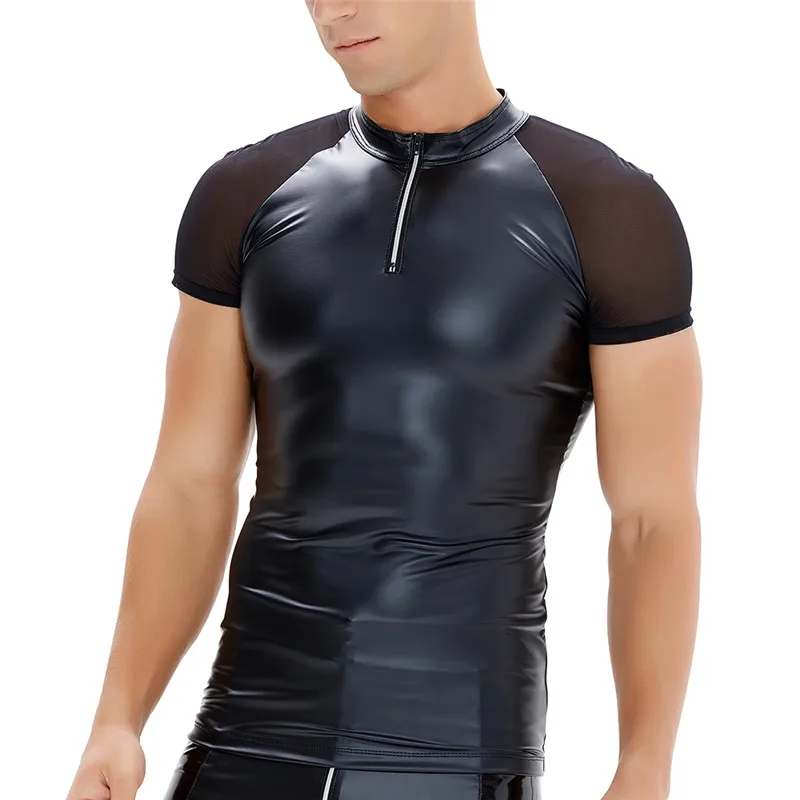 

Man Leather Bodysuit PU Shapewear Corset Shirt Workout Tops Short Sleeve Sauna Suit Underwear Premium Slimming Shapewear