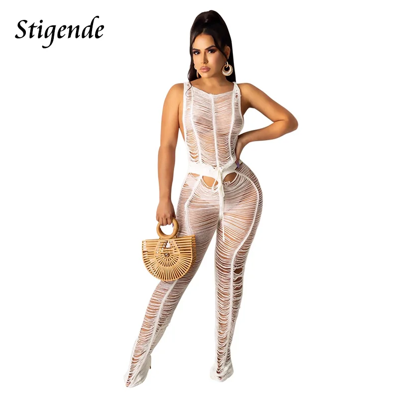 

Stigende Women Crochet Beach Cover Up Jumpsuit Summer Hollow Out Sleeveless Knitted Jumpsuit Sexy See Through Swimsuit Pants