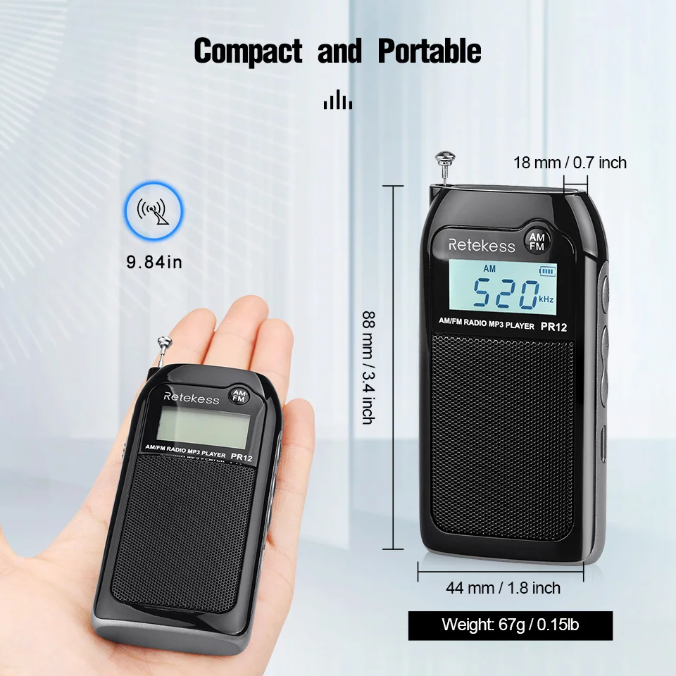 RETEKESS PR12 Radio FM AM Mini-Taschenradio MP3 Tragbarer Empfänger mit hintergrundbeleuchtetem Display, digitaler Stereo-Unterstützung und TF-Kartenfunktion für Senioren – Detail 5
