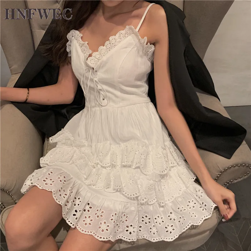 

Lolita Women Slip Dress Summer Sleeveless V-neck Lace Up Ruffles White Sundress Female Sweet Slim Beach Dresses vestido E306