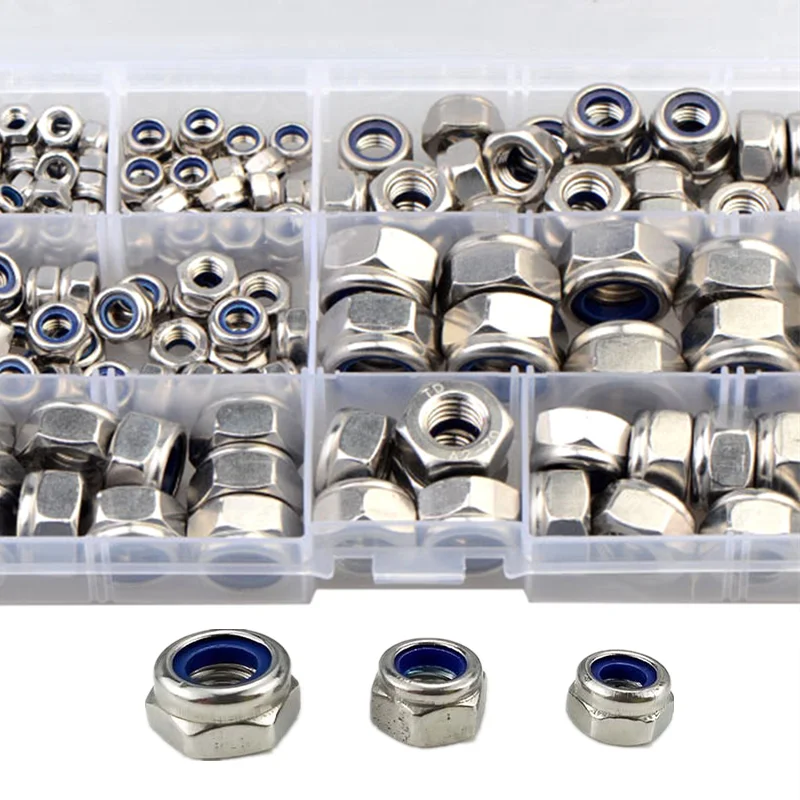 150PCS Nylon Lock Nut Assorted 304 Stainless Steel DIN985 M4 M5 M6 M8 M10 M12 Hexagonal Hex Nylon Self-Locking Nut Kit Set