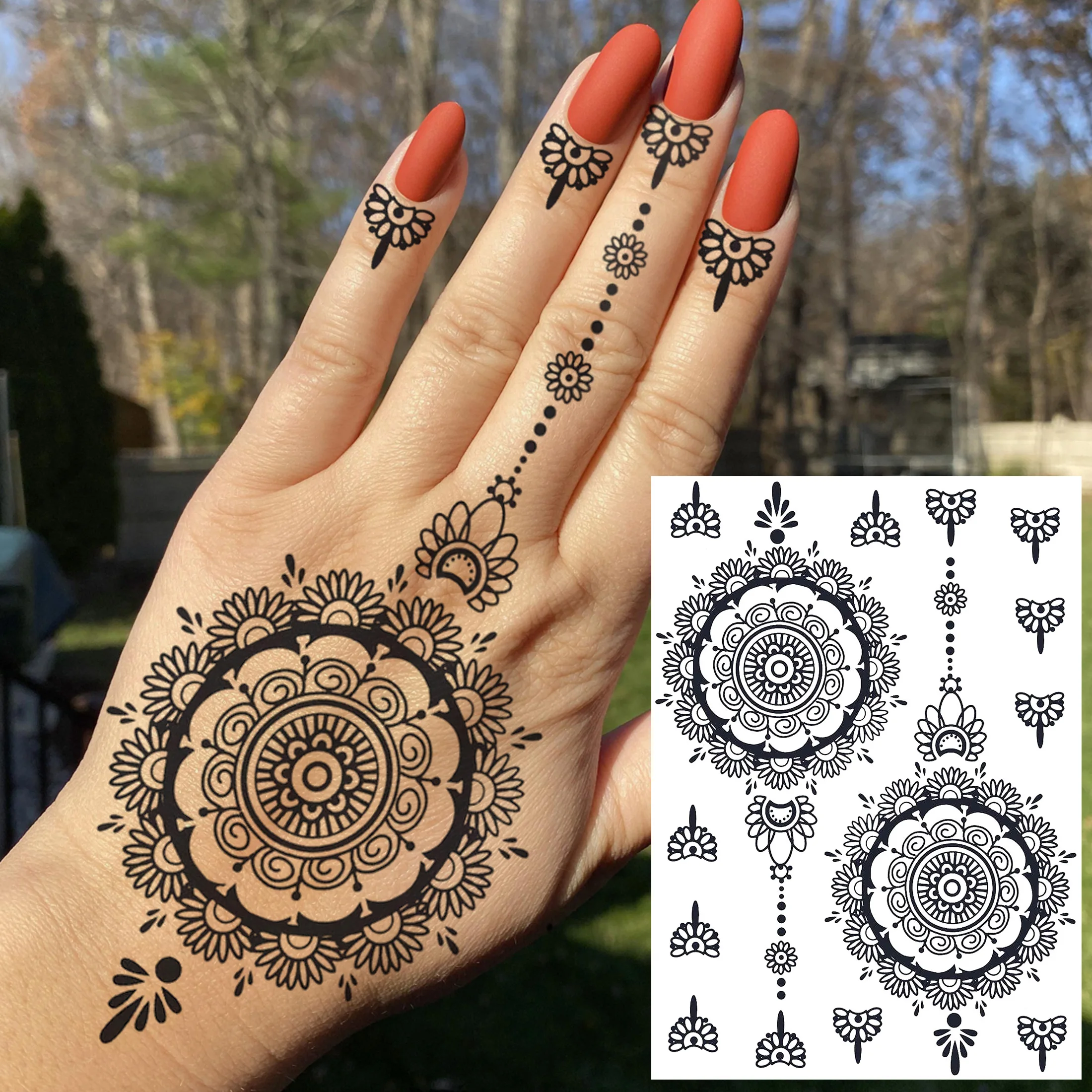 REJASKI-tatuajes temporales de encaje de Henna negra para mujer, pegatina de mariposa, polilla, flor Mehndi, tatuaje falso, pluma, Flora