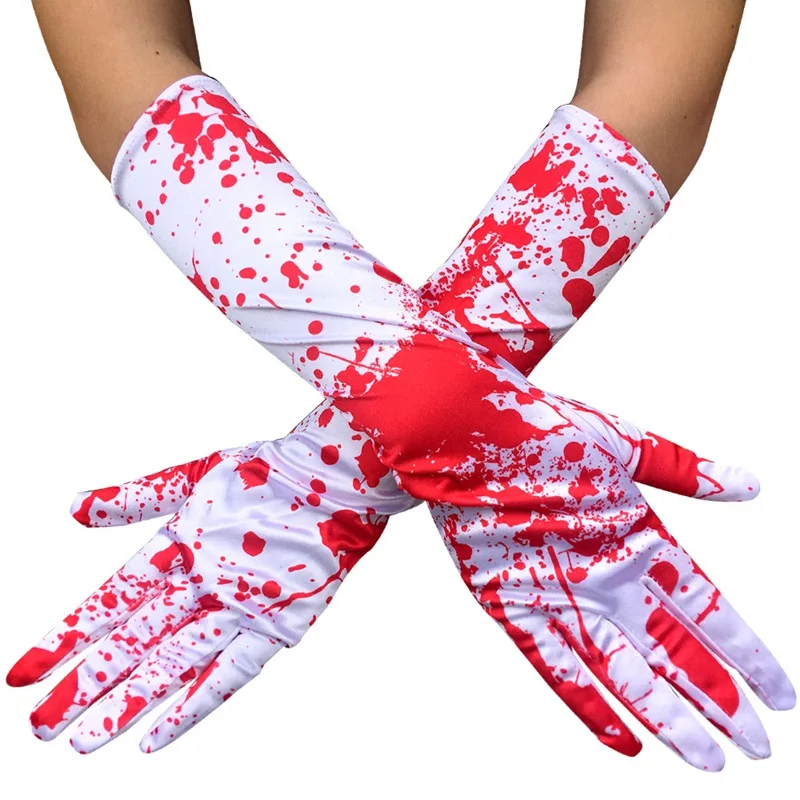 

Halloween Bloody Gloves For Women Funny White Color Blood Print Long Mittens Doctor Costumes Cosplay Party Accessory GL0410