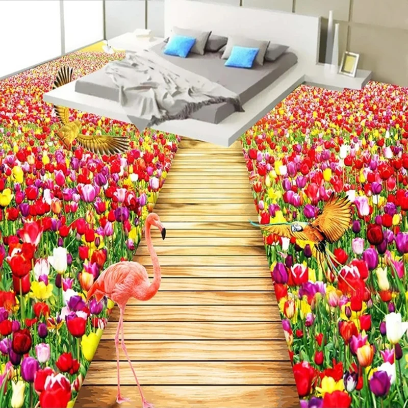 

Custom 3D Mural Tulip Flowers Corridor Floor Sticker for Room Decoration Vinyl Thicken Self-adhesive Wallpaper Tiles Waterproof