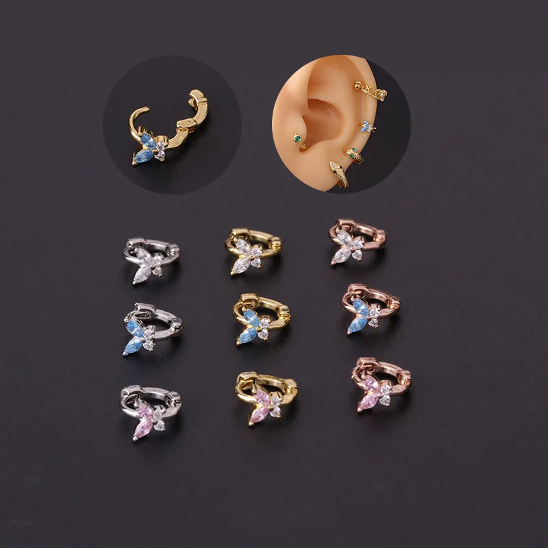 1Pcs Simple Mini Butterfly Hoop Earrings Fashion Pink Blue White CZ Cartilage Earring Cute Small Ear Bone Nail Piercing Jewelry