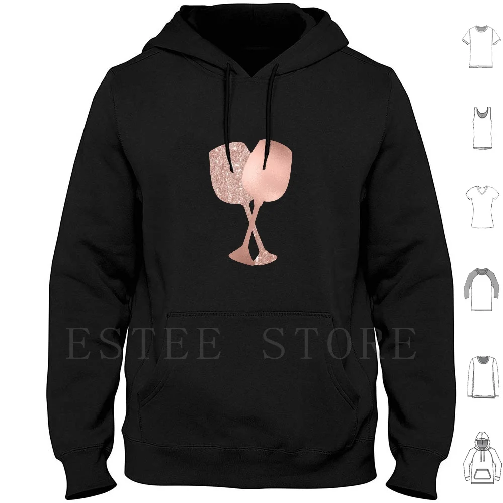 Sudaderas con capucha de manga larga con diseño de copas de vino en oro rosa, con purpurina y efecto metalizado, estilo femenino