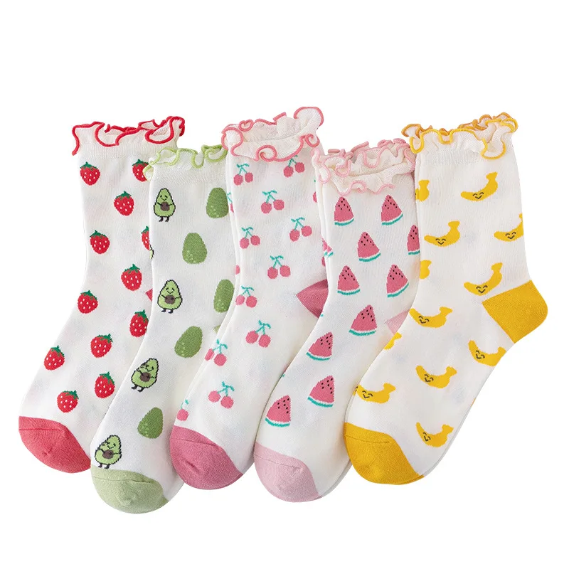 Funny Socks Cotton Fruit Peach Strawberry Banana Cherry Socks ruffle Women Happy Cute Socks Skarpetki Calcetines Divertidos