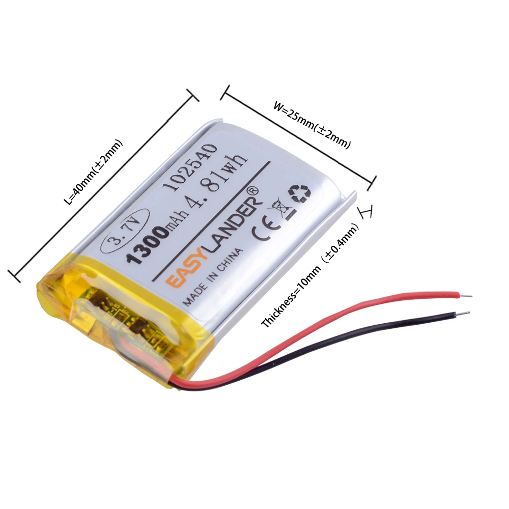 3.7V,1300mAH 102540 Polymer Lithium Ion / Li-ion Battery  Replace The Recorder In The Mirror 102439 DVR GPS