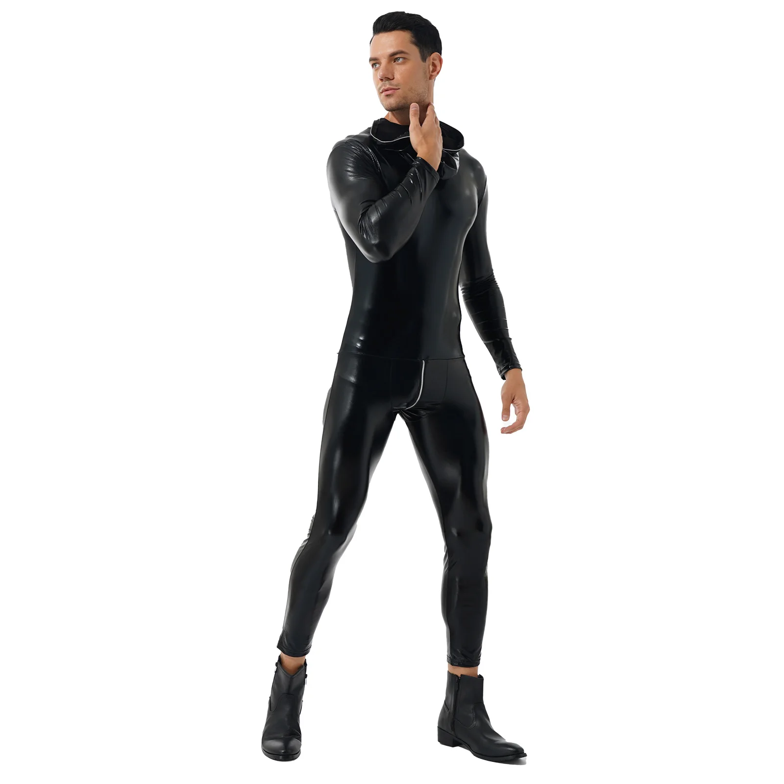 Men Latex Catsuit Wet Look Shiny Patent Leather Hooded Bodysuit Zipper Skinny Jumpsuits Nightclub Halloween Role Play Costumes