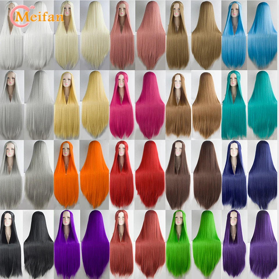 Meifan Synthetische Lolita Cosplay Pruik Blonde Blauw Rood Roze Groen Paars Haar Voor Cosplay Party 100Cm Lange Rechte Pruiken voor Vrouwen