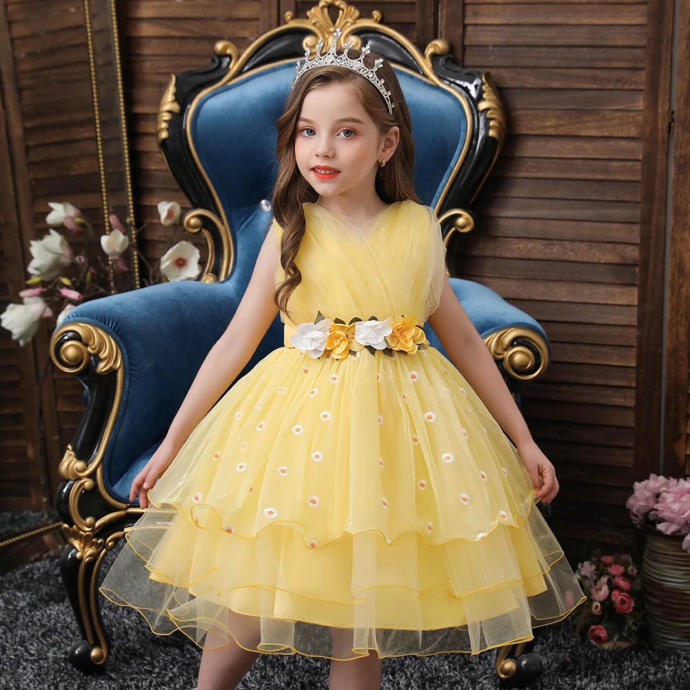 Bambino giallo a strati belle ragazze abiti da compleanno per bambini Fluffy scollo a v fiore bambina vestito al ginocchio 2-8 anni