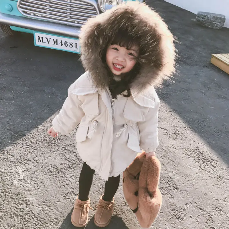 Baby Girls Natural Fur Collar Jacket Warm Teen Winter Christmas Jacket for Girls  Clothes Thickened Cotton Padded Coat 2-7Years