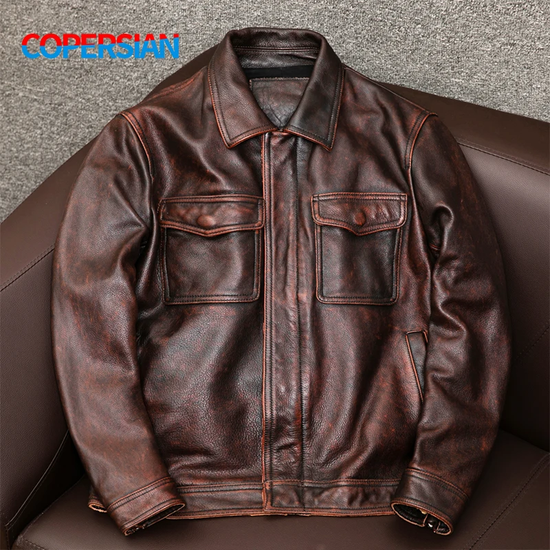 Czerwono-brązowa skórzana kurtka męska w stylu vintage, skórzana, oversize, wąski płaszcz motocyklowy