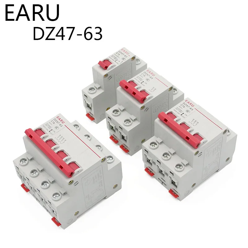 DZ47 1-4 Pole 3A/6A/10A/16A/20A/32A/40A/50A/63A 400V C Type Mini Circuit Breaker MCB 35mm Din Rail Mount Breaking Capacity 6KA