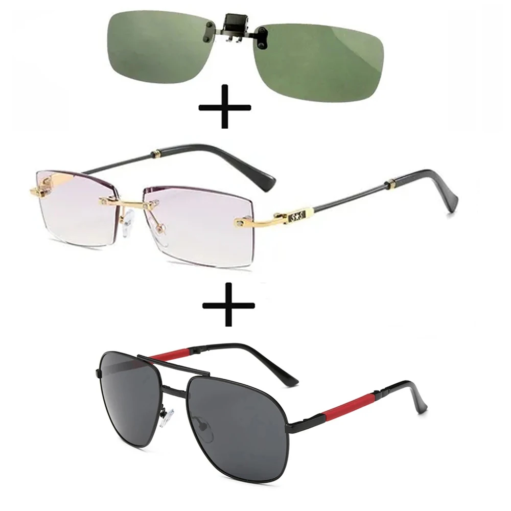 

3Pcs!!! Rimless Frameless Luxury Reading Glasses for Men Women + Alloy Polarized Sunglasses Pilot Foldable+ Sunglasses Clip