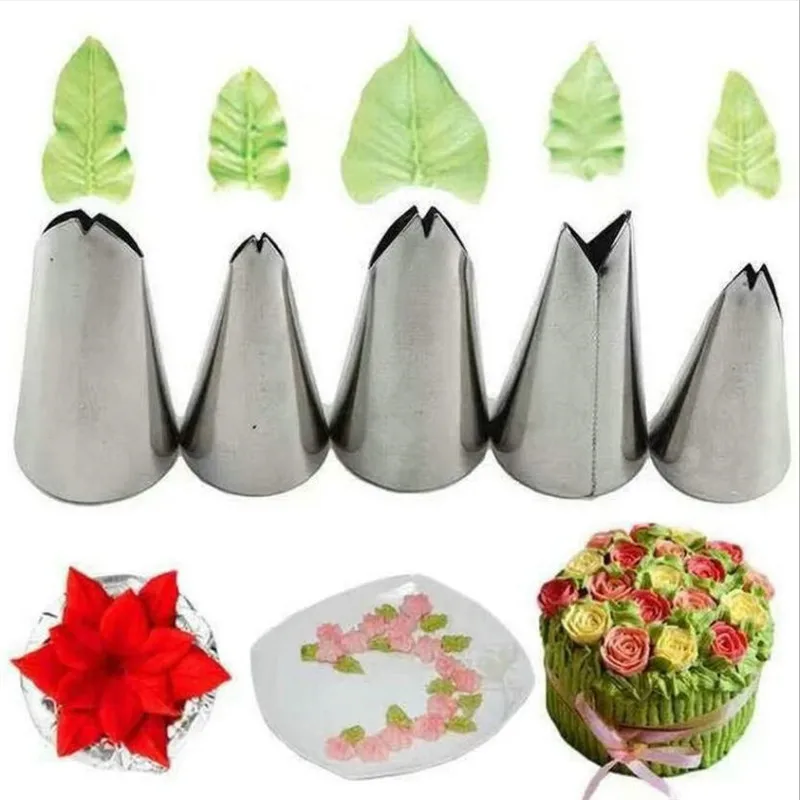 Leaves Nozzles Set 5Pcs Stainless Steel Icing Piping Nozzle Pastry Tips For Cream Cake Fondant Baking Decorating Tools