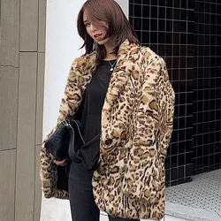 Ladies Luxury Leopard Print Real Fur Suit Jackets Vintage Rabbit Fur Long Sleeve Coat Winter Fashion Office Warm Outwear Female