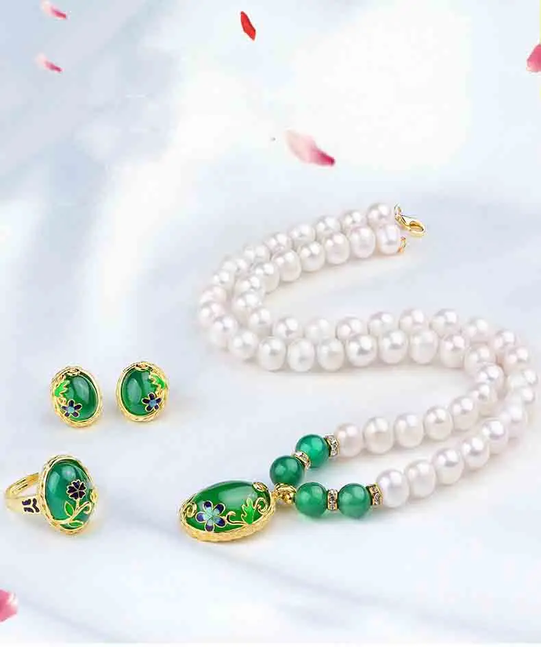 Designer Freshwater Pearl Necklace with green jade  Ring Ear Nails Three-piece Set for Mother's Elderly Birthday Gift