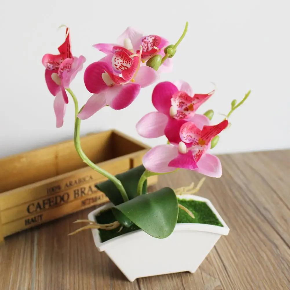 Double Forks Artificial Butterfly Orchid Flower Phalaenopsis Home Office Decor with Flowerpot