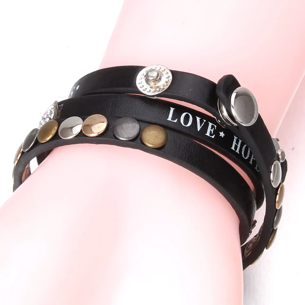 Leather Snap Button Bracelet For Women DIY Charm 18MM 12MM Snaps Crystal Boho Multi Layer Wrap Bracelet Femme Jewelry ZE484