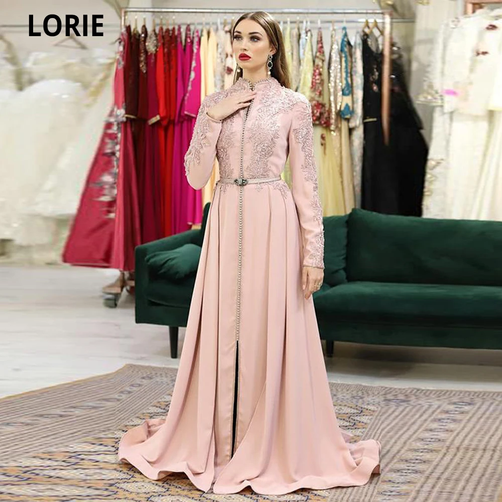 LORIE Moroccan Caftan Satin Evening Dresses Dusty Rose Formal Long Sleeve Prom Party Gowns Elegant Appliued Celebrity Dress