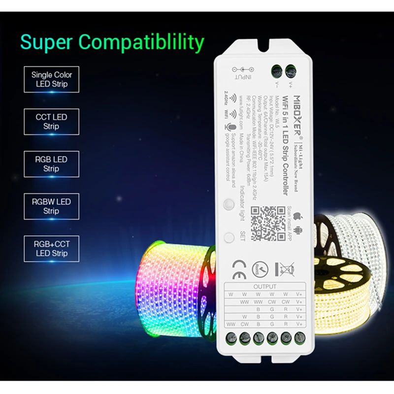 Miboxer WL5 2.4G 5 IN 1 WiFi LED Controller For Single color CCT RGB RGBW RGB+CCT Led Strip APP/TUYA /Third Party Voice Control