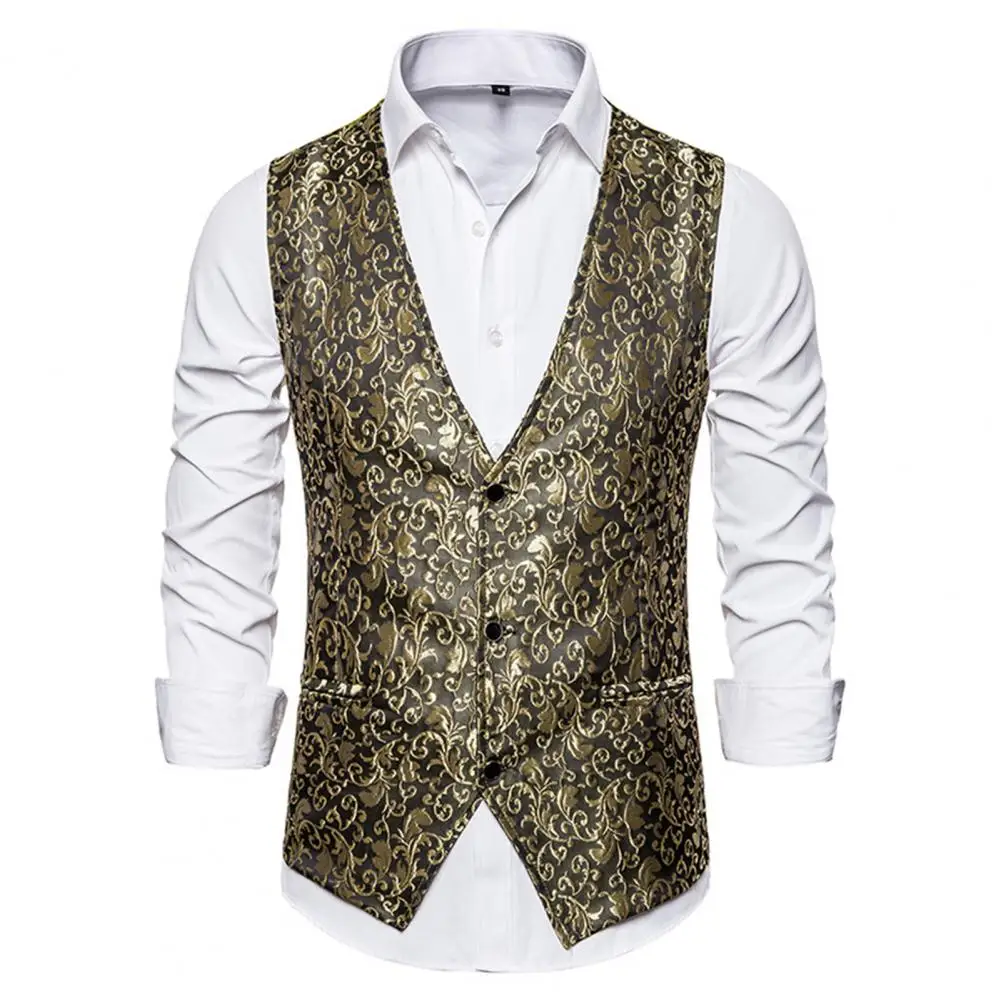 Men Vest Jacquard Single-breasted Spring Autumn Slim Suit Wedding Vest Men Straight V Neck Stage Costumes Vest chaleco hombre