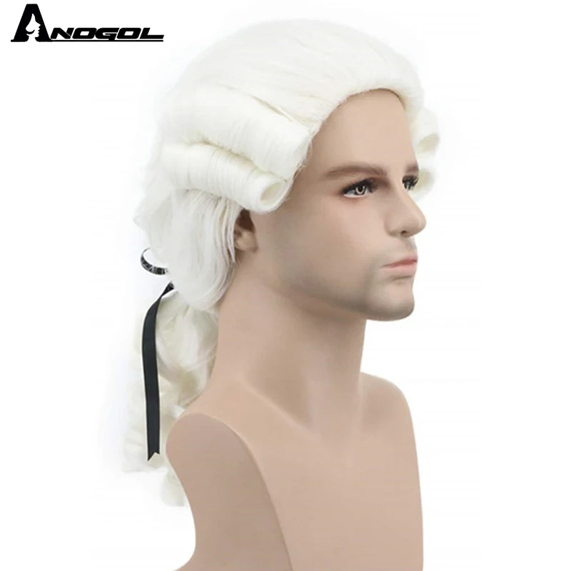 ANOGOL Synthetic Lawyer Cosplay Wig Deluxe Long Grey White Black Judge Baroque Curly Male Cosplay Wigs for Man Halloween Party