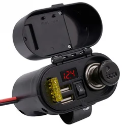 Motorcycle Waterproof Car Cigarette Lighter Socket Kit Dual Moto Usb Charger Power LED Voltmeter Time Display For Boat ATV