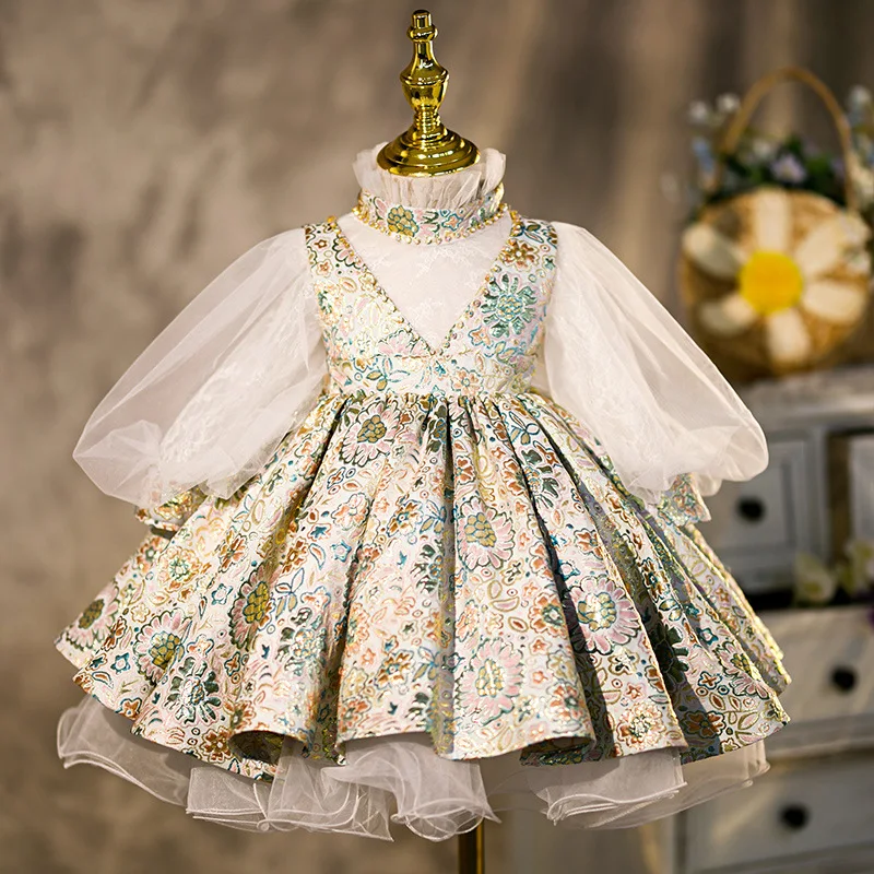 Girls Spanish Floral Ball Gown Baby Royal Lolita Princess Dresses Infant Lace Birthday Christening Dress Girl Boutique Clothes