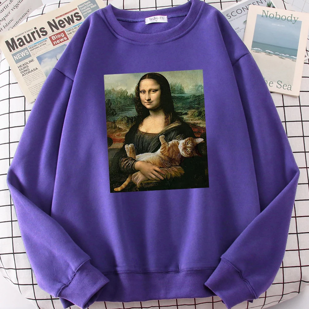 Famous Painting Mona Lisa Hold Cat Print Men Hoodies Soft Oversize Hoody Casual Autumn Sweatshirts Loose Soft Women Pullover Top