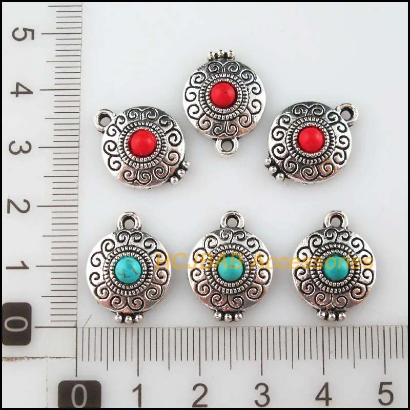 12Pcs Tibetan Silver Tone Flower Red & Blue Stone Round Charms Pendants 14x18.5mm