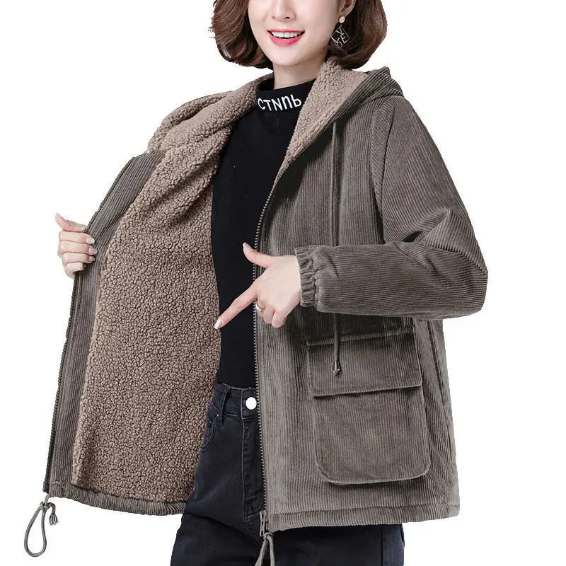 

Women Corduroy Jacket Autumn Winter New 5XL Loose Hooded Warm Plush Thicked Coat Female Short Cotton Outwear Y640