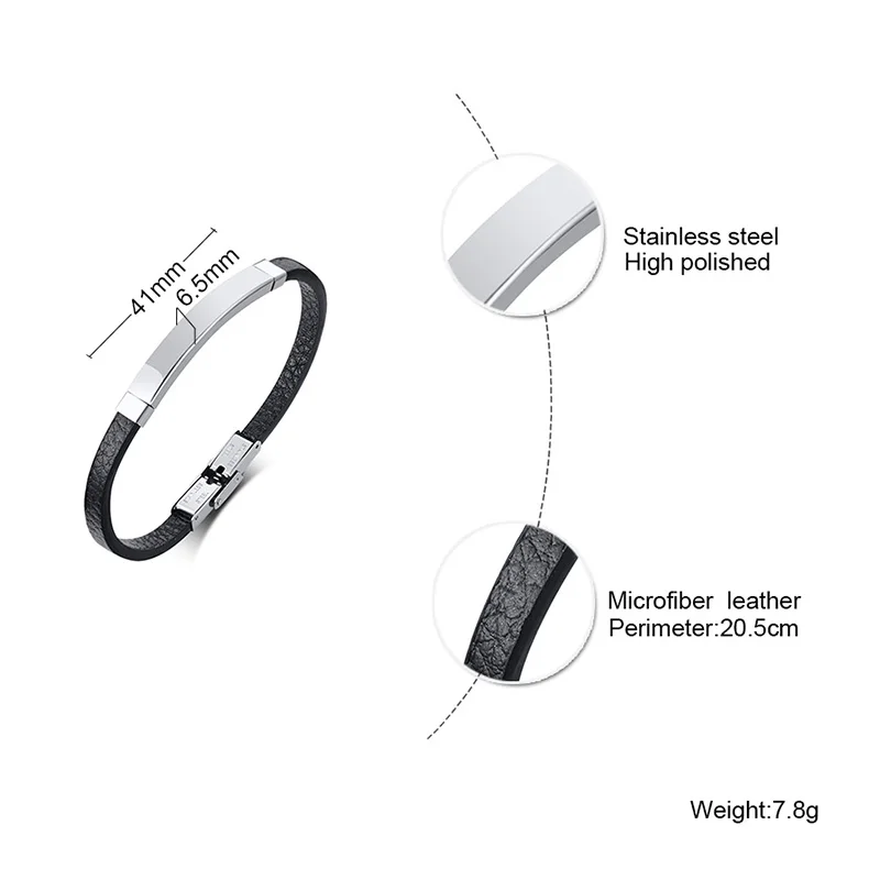Simple Engraving ID Men Bracelet For Classic Male Leather Stainless Steel Bracelet Unique Unisex Custom Gift