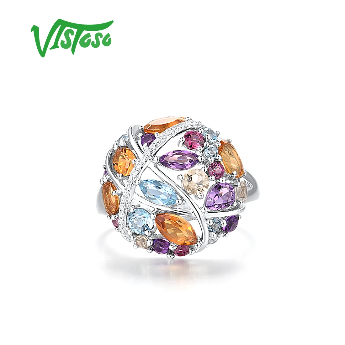 VISTOSO 14K 585 White Gold Ring For Women Amethyst Citrine Lemon Quartz Topaz Diamond Multi-Color Gems Wedding Gift Fine Jewelry