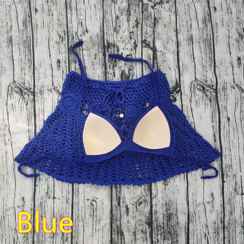 Hand Gehaakte Sexy Strand Vrouwen Bikini Set Push Up Crop Top Cover Up Rok Boho Stijl Elastische Tailleband Kwasten