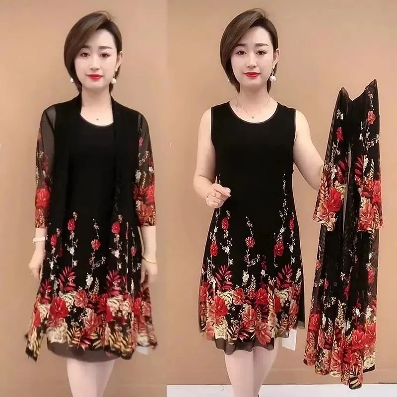 Middle-Aged Women Summer Two-Piece Dress 40-Year-Old 60 Middle-Aged Elderly Mothers Dress Western Style Noble Suit Skirt M423