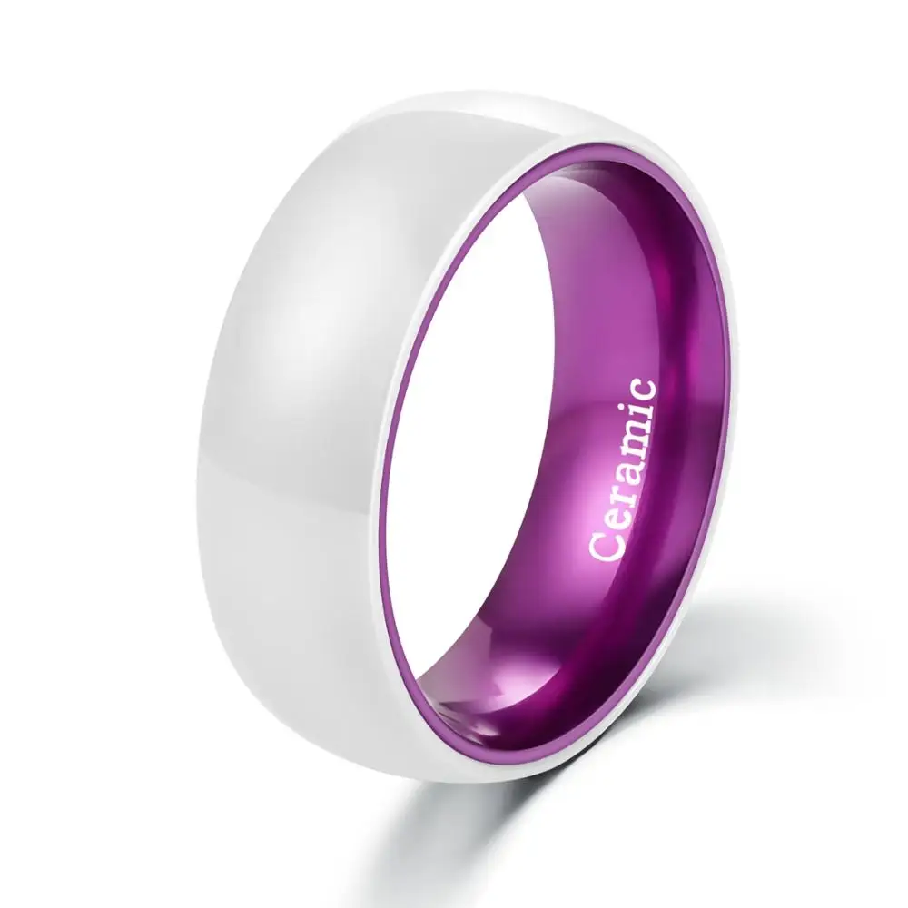 

8mm Width Fashion Dating Rings For Woman White Ceramic Band with Purple Color Aluminum Inside Comfort Fit Size 6-13 and Half