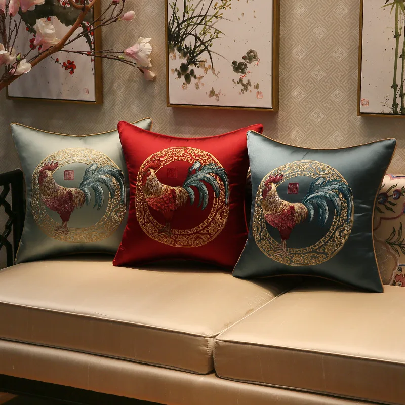 

Cock Embroidered Sofa Cushion Cover Classical Chinese Style Light Blue Luxury Waist Pillowcases Home Living Room Decoration