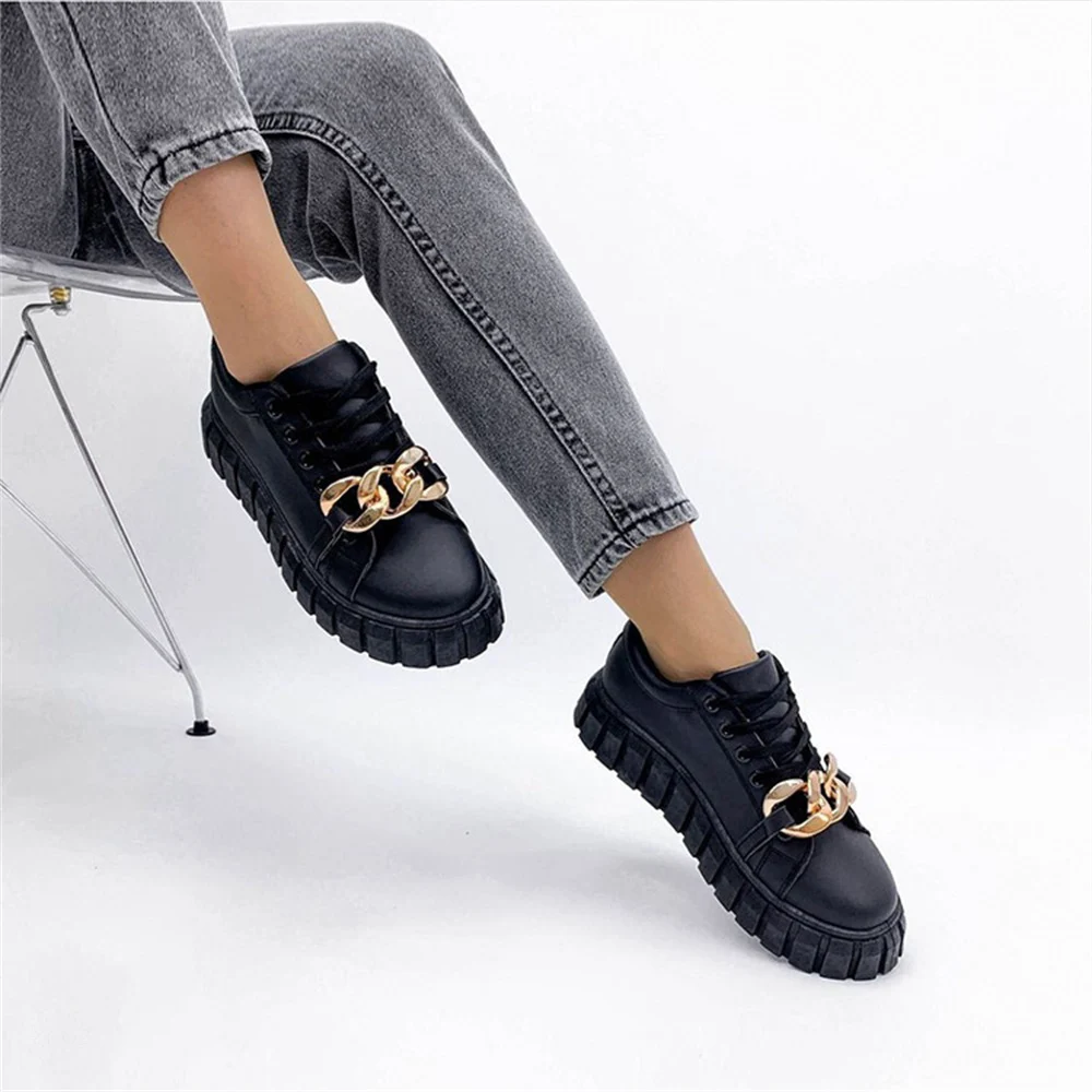 Fashion White Sneakers Women 2024 Spring New Ladies Comfy Lace Up Casual Shoes With Chain 36-43 Large-Sized Female Sport Flats