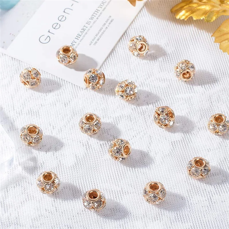 10Pc Gold Color Rhinestone Disco Ball Murano Charms Large Hole Beads Fit Bracelet Women Wedding DIY Jewelry Accessories